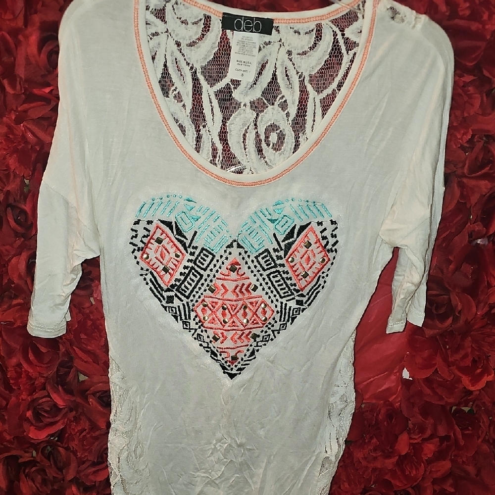 Deb Women's White Graphic Asymmetrical Blouse With Heart Design Size Small